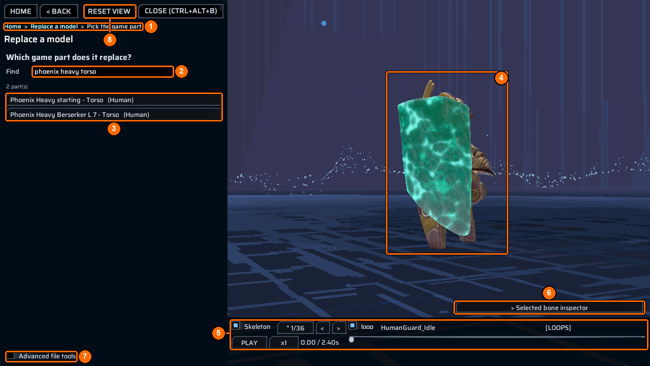 A breadcrumb, the game-part picker and the 3D view